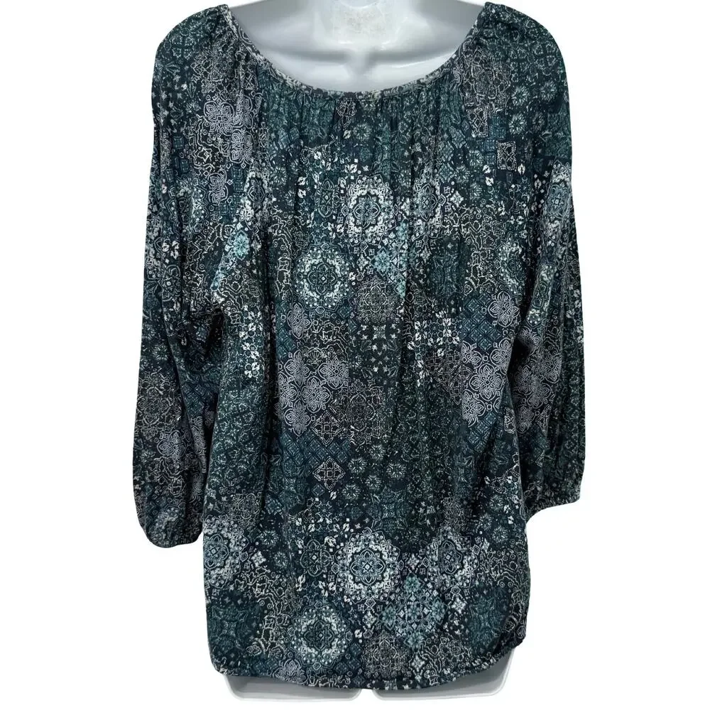 Michael Kors Blue Paisley Floral Scoop Neck Bracelet Sleeve Blouse Top size L - Picture 8 of 10